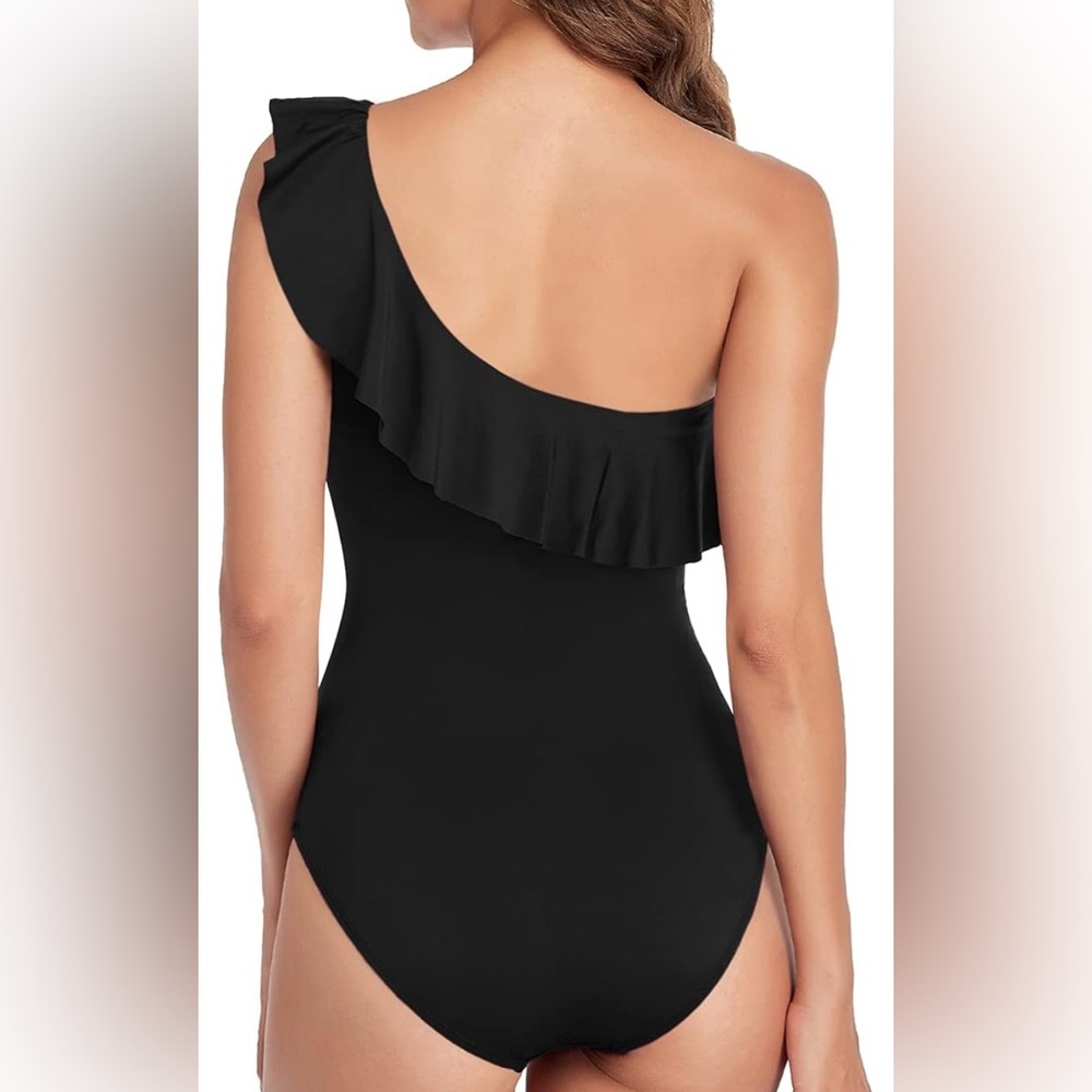 Hilor One Piece One Shoulder Swimwear Asymmetric Ruffle Monokinis Bathing Suits - Picture 2 of 5